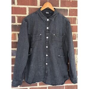 WeSC Jacket Mens Large Shacket Black Denim Snap Front Military Utility Pockets